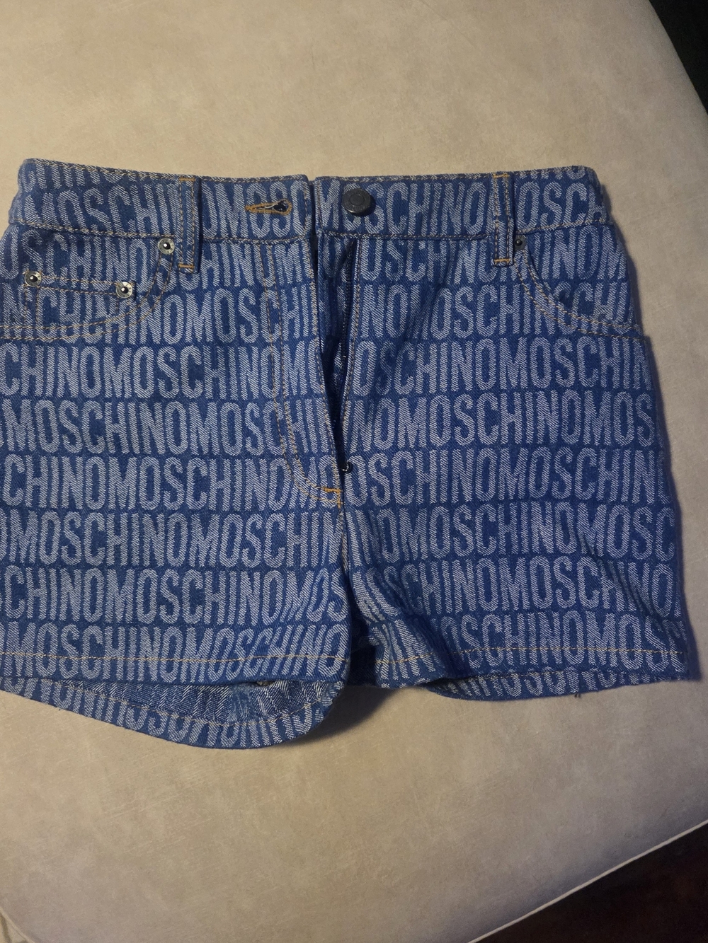Moschino Logo Allover Denim Shorts in Blue - Picture 2 of 4